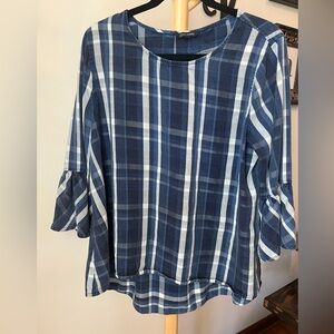 John Mark Blue White Plaid Top with Bell Sleeves Size Large